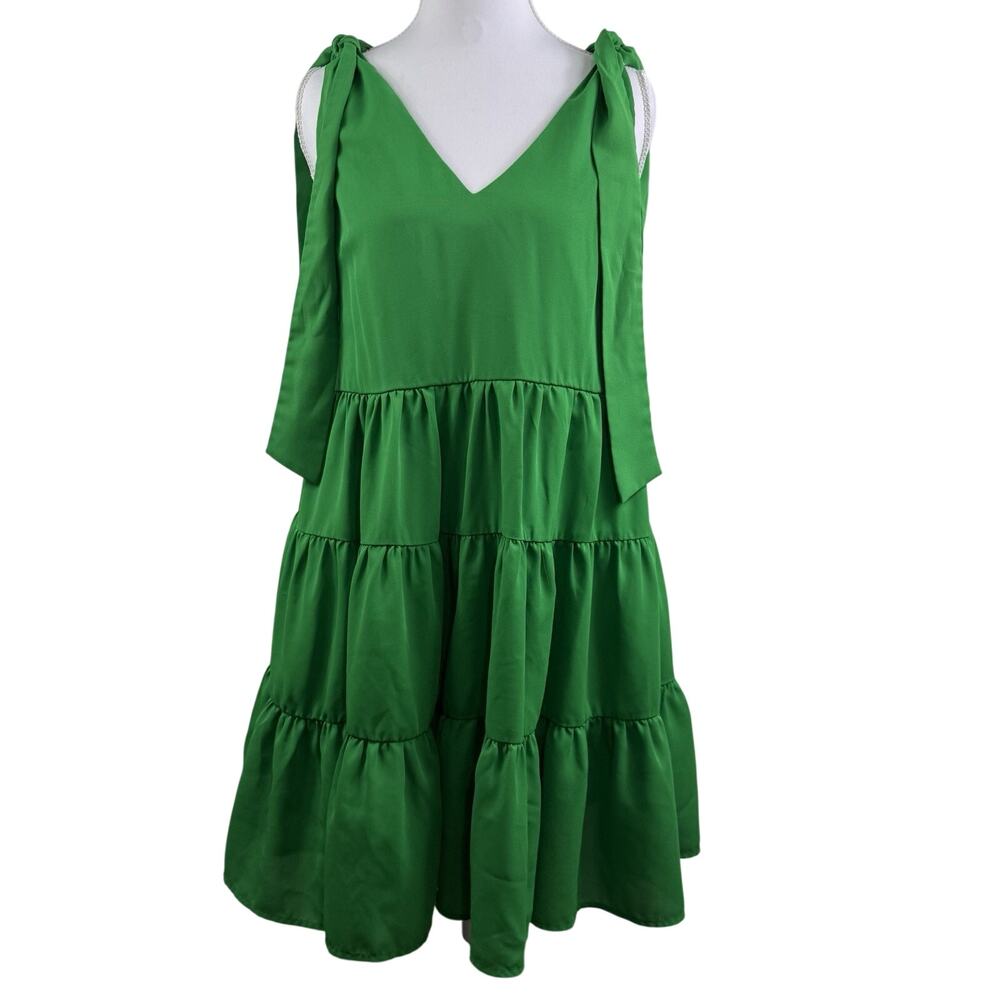 TCEC Green Babydoll Dress Small Tiered Sleeveless Tie Shoulder V Neck Pockets